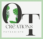 Logo OT Créations Paysagiste avec feuilles tropicales vertes intégrées aux lettres noires sur fond gris clair.
