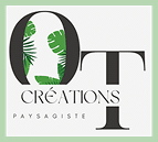 Logo OT Créations Paysagiste avec des feuilles tropicales vertes insérées dans un grand O noir.